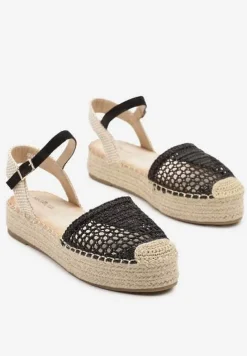 Czarne Sandały w Stylu Espadryli z Plecioną Platformą i Cholewką Elisova