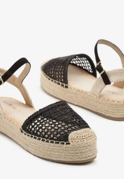 Czarne Sandały w Stylu Espadryli z Plecioną Platformą i Cholewką Elisova