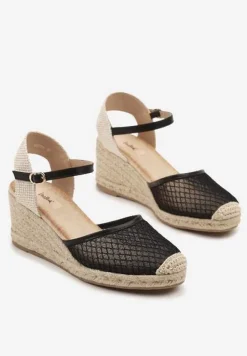 Czarne Sandały w Stylu Espadryli z Plecionką i Siateczką Meranella