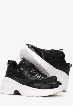 Czarne Sneakersy na Grubej Podeszwie ze Wstawkami z Perforacją Lanya