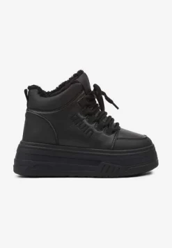 Czarne Sneakersy na Grubej Podeszwie Mocno Ocieplane Futrem Leavinael