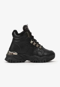 Czarne Sneakersy na Grubej Podeszwie z Ozdobnymi Przeszyciami i Futerkiem Selenita
