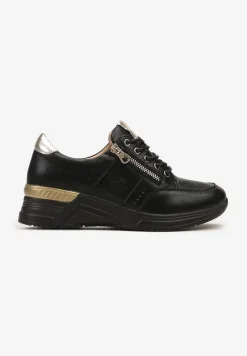 Czarne Sneakersy na Koturnie ze Skórzaną Wkładką z Błyszczącą Wstawką i Suwakiem Fenalla