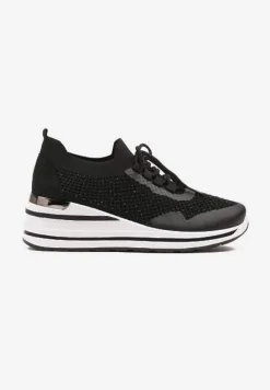 Czarne Sneakersy na Koturnie Ozdobione Metaliczną Aplikacją i Cyrkoniami Fasilna