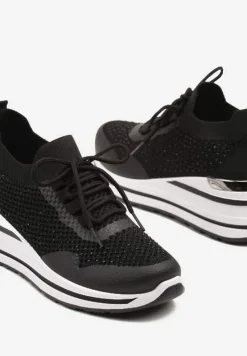 Czarne Sneakersy na Koturnie Ozdobione Metaliczną Aplikacją i Cyrkoniami Fasilna