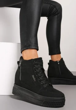 Czarne Sneakersy na Koturnie z Metalicznymi Detalami i Dodatkowym Suwakiem Dailise
