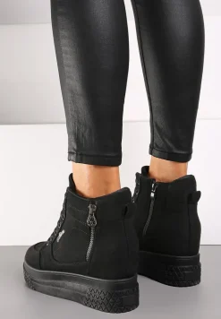 Czarne Sneakersy na Koturnie z Metalicznymi Detalami i Dodatkowym Suwakiem Dailise
