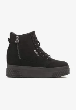 Czarne Sneakersy na Koturnie z Metalicznymi Detalami i Dodatkowym Suwakiem Dailise