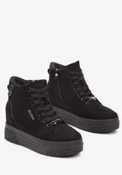 Czarne Sneakersy na Koturnie z Metalicznymi Detalami i Dodatkowym Suwakiem Dailise