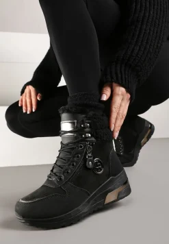 Czarne Sneakersy na Koturnie za Kostkę z Metaliczną Ozdobą i Suwakiem Sinelara