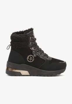 Czarne Sneakersy na Koturnie za Kostkę z Metaliczną Ozdobą i Suwakiem Sinelara