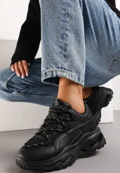 Czarne Sneakersy na Masywnej Podeszwie z Siateczkowym Wstawkami i Ozdobnymi Sznurówkami Ollavia