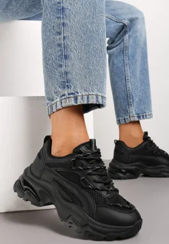 Czarne Sneakersy na Masywnej Podeszwie z Siateczkowym Wstawkami i Ozdobnymi Sznurówkami Ollavia