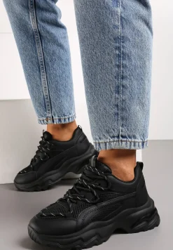 Czarne Sneakersy na Masywnej Podeszwie z Siateczkowym Wstawkami i Ozdobnymi Sznurówkami Ollavia