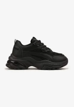 Czarne Sneakersy na Masywnej Podeszwie z Siateczkowym Wstawkami i Ozdobnymi Sznurówkami Ollavia