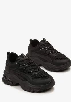 Czarne Sneakersy na Masywnej Podeszwie z Siateczkowym Wstawkami i Ozdobnymi Sznurówkami Ollavia