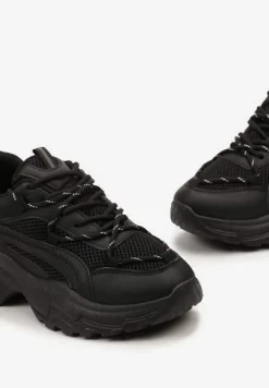 Czarne Sneakersy na Masywnej Podeszwie z Siateczkowym Wstawkami i Ozdobnymi Sznurówkami Ollavia