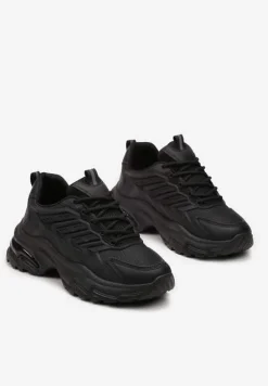 Czarne Sneakersy na Niskiej Platformie z Ozdobnymi Wstawkami na Cholewce Amrogia