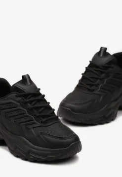 Czarne Sneakersy na Niskiej Platformie z Ozdobnymi Wstawkami na Cholewce Amrogia