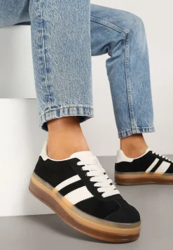 Czarne Sneakersy na Płaskiej Podeszwie z Ozdobnymi Paskami Velali