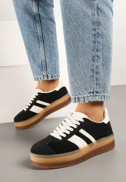 Czarne Sneakersy na Płaskiej Podeszwie z Ozdobnymi Paskami Velali