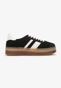Czarne Sneakersy na Płaskiej Podeszwie z Ozdobnymi Paskami Velali