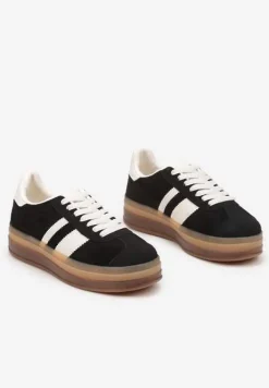 Czarne Sneakersy na Płaskiej Podeszwie z Ozdobnymi Paskami Velali