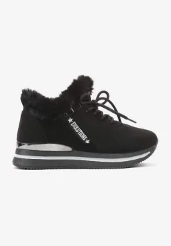 Czarne Sneakersy na Płaskiej Podeszwie z Napisem i Futerkiem Taricea