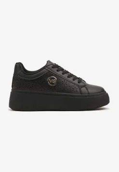 Czarne Sneakersy na Platformie z Ażurowym Zdobieniem i Aplikacją Dalirnna