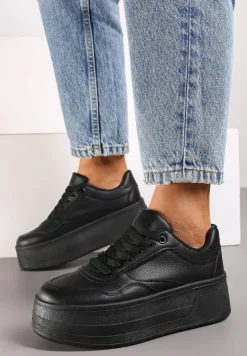 Czarne Sneakersy na Platformie Ozdobionej Tłoczeniem Vaiviera