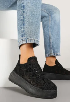 Czarne Sneakersy na Platformie z Ażurowym Wykończeniem Isdisane