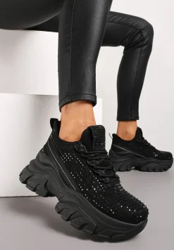 Czarne Sneakersy na Platformie z Cholewką z Cyrkoniami Harilena