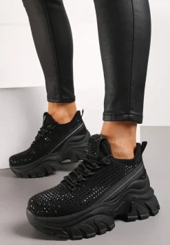 Czarne Sneakersy na Platformie z Cholewką z Cyrkoniami Harilena