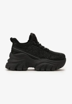 Czarne Sneakersy na Platformie z Cholewką z Cyrkoniami Harilena