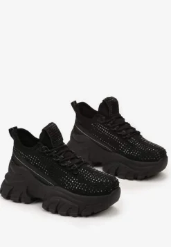Czarne Sneakersy na Platformie z Cholewką z Cyrkoniami Harilena