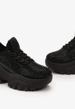Czarne Sneakersy na Platformie z Cholewką z Cyrkoniami Harilena