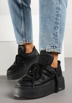 Czarne Sneakersy na Platformie Ozdobione Sznurowaniem Vilvia