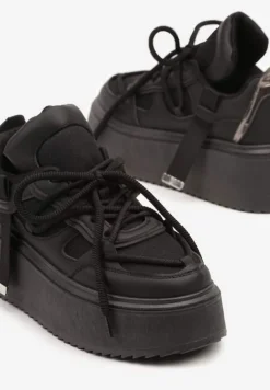 Czarne Sneakersy na Platformie Ozdobione Sznurowaniem Vilvia