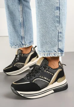 Czarne Sneakersy na Platformie Ozdobione Metalicznymi Aplikacjami i Cyrkoniami Tatindra