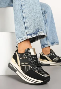 Czarne Sneakersy na Platformie Ozdobione Metalicznymi Aplikacjami i Cyrkoniami Tatindra