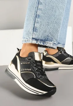 Czarne Sneakersy na Platformie Ozdobione Metalicznymi Aplikacjami i Cyrkoniami Tatindra
