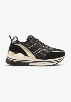 Czarne Sneakersy na Platformie Ozdobione Metalicznymi Aplikacjami i Cyrkoniami Tatindra