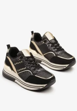 Czarne Sneakersy na Platformie Ozdobione Metalicznymi Aplikacjami i Cyrkoniami Tatindra