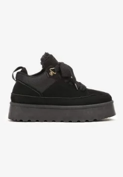 Czarne Sneakersy na Platformie ze Sznurowaniem Ozdobione Futerkiem Vaivelle