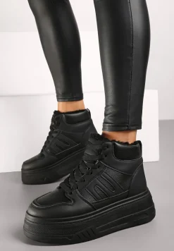 Czarne Sneakersy na Platformie Mocno Ocieplane Futerkiem Lealwen
