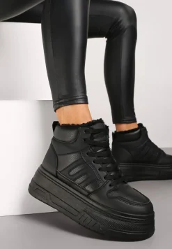 Czarne Sneakersy na Platformie Mocno Ocieplane Futerkiem Lealwen