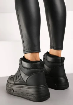 Czarne Sneakersy na Platformie Mocno Ocieplane Futerkiem Lealwen