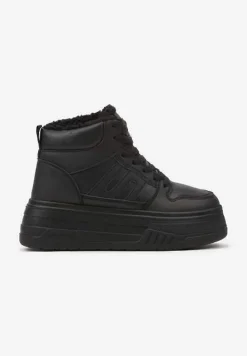 Czarne Sneakersy na Platformie Mocno Ocieplane Futerkiem Lealwen