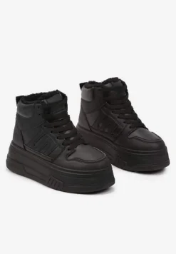 Czarne Sneakersy na Platformie Mocno Ocieplane Futerkiem Lealwen
