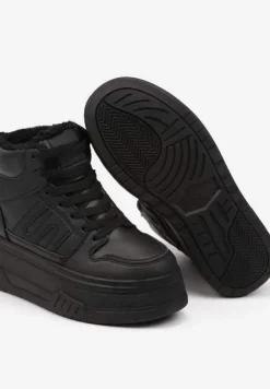 Czarne Sneakersy na Platformie Mocno Ocieplane Futerkiem Lealwen